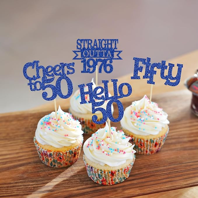 Ephlyn 24Pcs Happy 50th Birthday Cupcake Toppers Glitter Straight Outta 1976 Cupcake Picks Hello 50 Cheers to 50 Years Birthday Cake Decorations for 50th Birthday Anniversary Party Supplies Blue