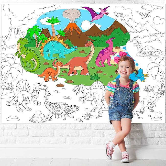 Dinosaur Giant Coloring Poster for Kids Large Coloring Tablecloth Drawing Roll Paper Books Sheets Page Huge Table Cover Art Crafts for Wall Classroom Home Gift Birthday Party Supplies Decoration