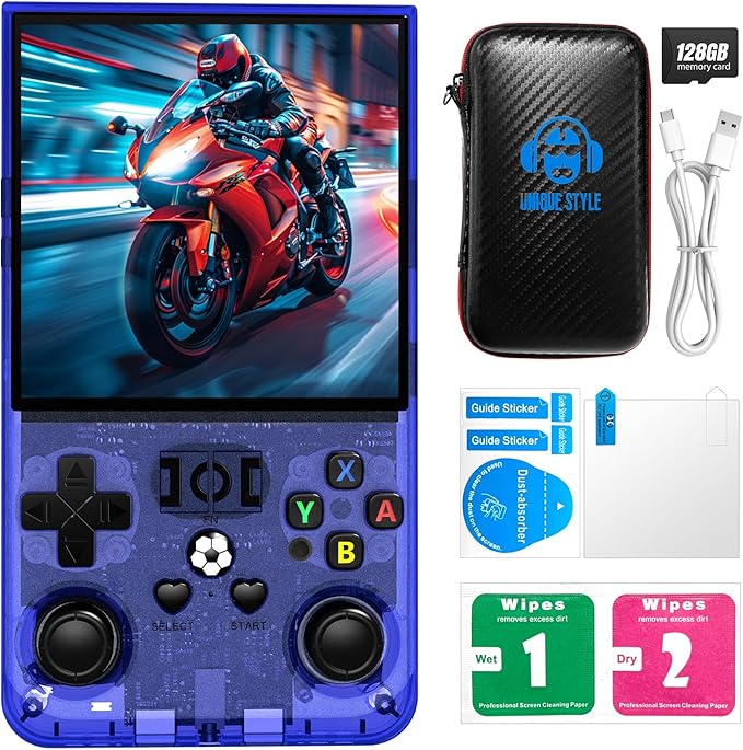 R36MAX Retro Handheld Game Console, 4.0-Inch IPS Display, 720x720 Resolution, Linux System, 64GB Support 18,000+ Classic Games, 4000mah Battery, with Portable Case(Blue 128GB)