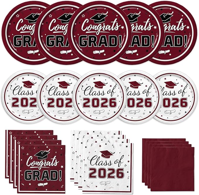 Graduation Maroon Party Supplies Kit Dinner Plates Dessert Plates and Napkins for Congrats Grad Party Decorations, Serves 50