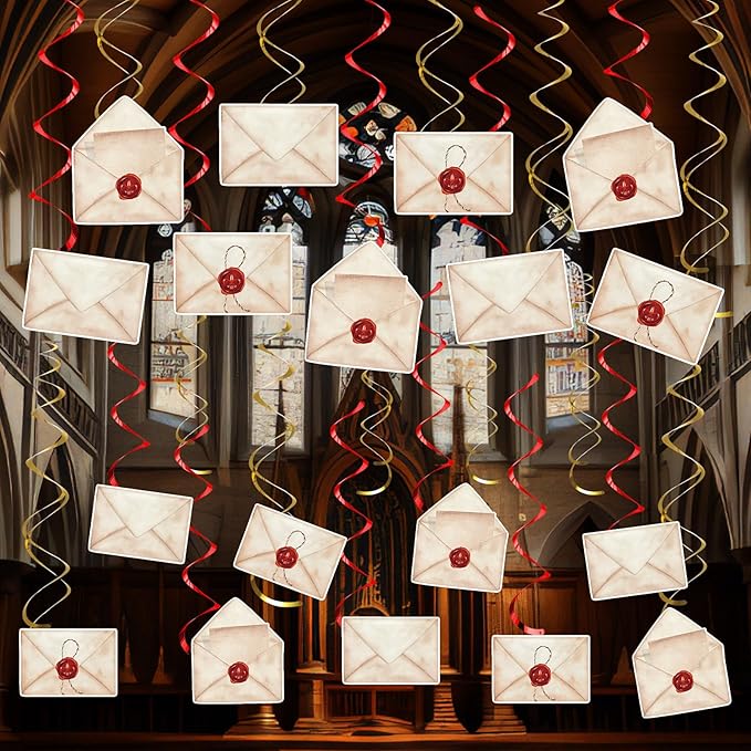 50 Pcs Magical Theme Party Hanging Swirls Acceptance Letter Hanging Streamers Vintage Envelopes Ceiling Swirls Decorations for Home Office Magical Theme Birthday Party Supplies