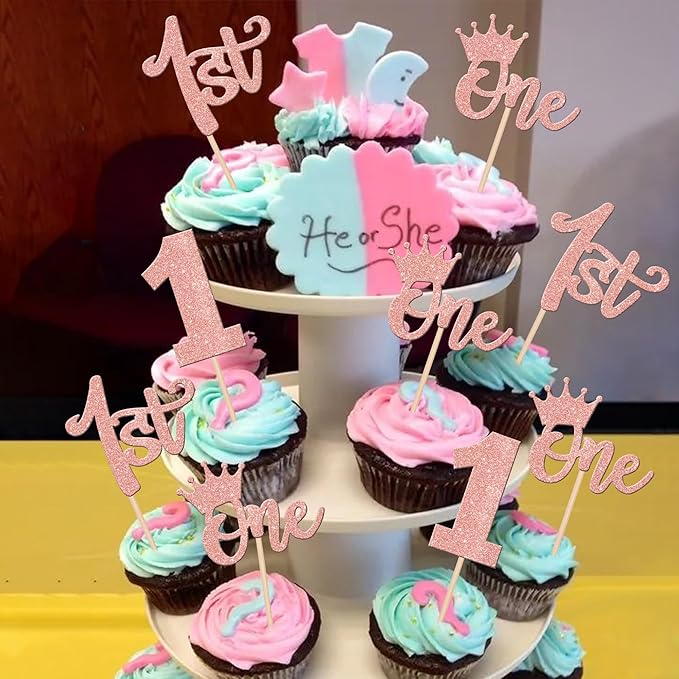 24 PCS One Cupcake Toppers Glitter 1st Birthday Cupcake Picks First Birthday Crown Wild One Cupcake Decoration for Baby Shower 1st Birthday Boho Theme Party Cake Decorations Supplies Rose Gold