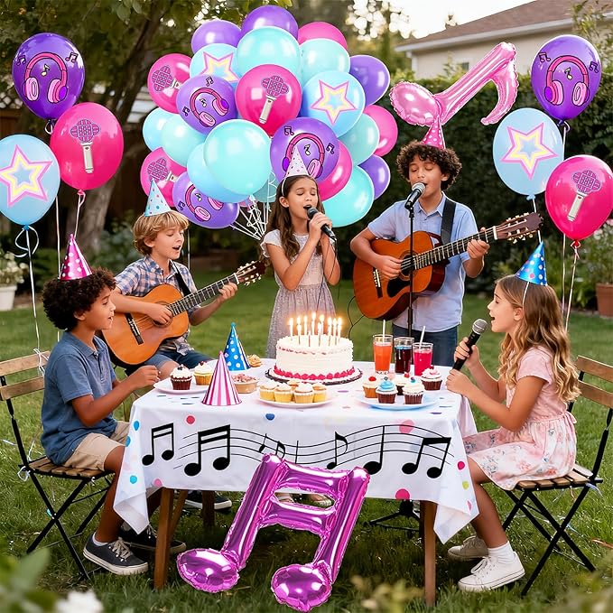 Purple Blue Pink Balloon 52pcs 12 Inch, Cute Musical Symbols Print Balloons For Cartoon Magical Music Themed Birthday Party Decorations Boys Girls Gatherings Party Supplies