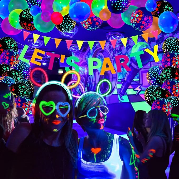 255 PCS Glow Neon Party Supplies Glow Sticks Party Decorations Black Light Reactive Decor Set - Fluorescent Banner, Glows in The Dark Balloons, Neon Tablecloths, Cake Toppers, Light Up Sticks, Glasses