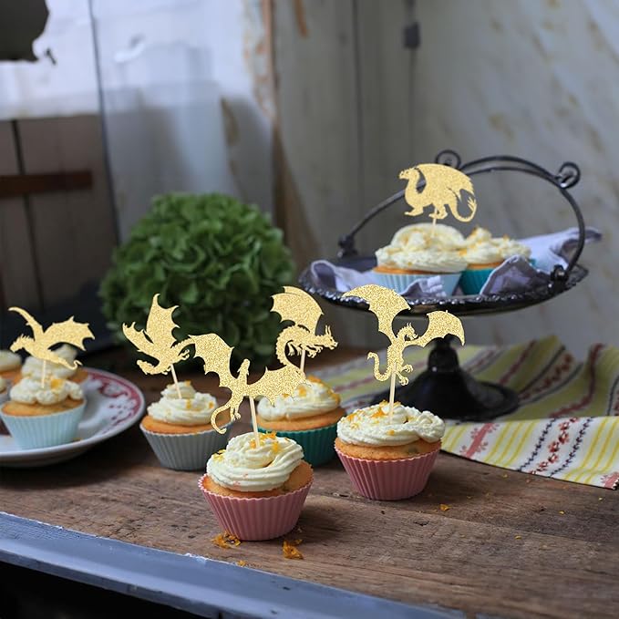 24Pcs Dragon Cupcake Toppers Glitter Fantasy Cool Dinosaur Birthday Cupcake Picks for Medieval Dragon Theme Baby Shower Kids Birthday Party Cake Decorations Supplies Gold