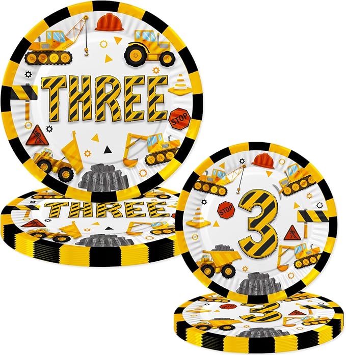 Letromp 80 Pcs Construction 3rd Birthday Decorations Construction Three Years Old Disposable Paper Dinner Plates Napkins Forks Dinnerware for Dump Truck Theme 3rd Bday Party Supplies Decorations