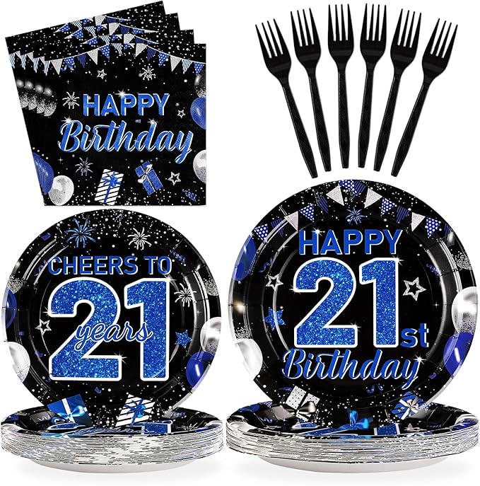 Grencian 96Pcs 21st Birthday Decorations Blue Black 21st Birthday Plates and Napkins Cheers to 21 Tableware Set for 21 Years Old Boys Girls Legal Birthday Celebration Party Supplies, Serves 24