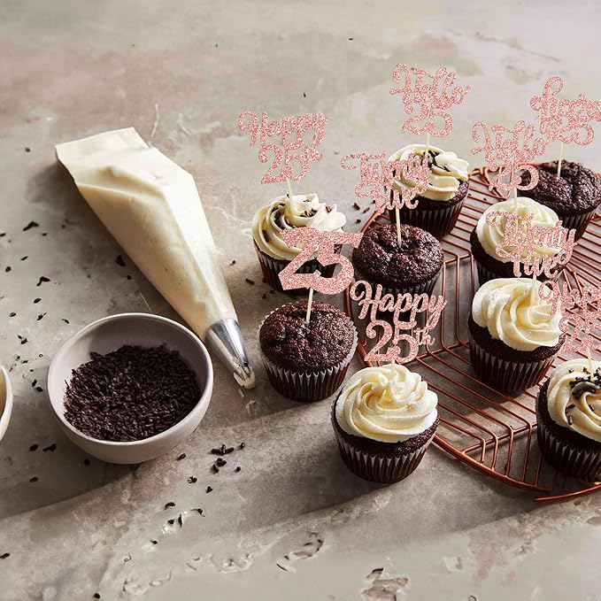 30pcs 25th Birthday Cupcake Toppers - 25th Anniversary Cake Decorations - Rose Gold Glitter