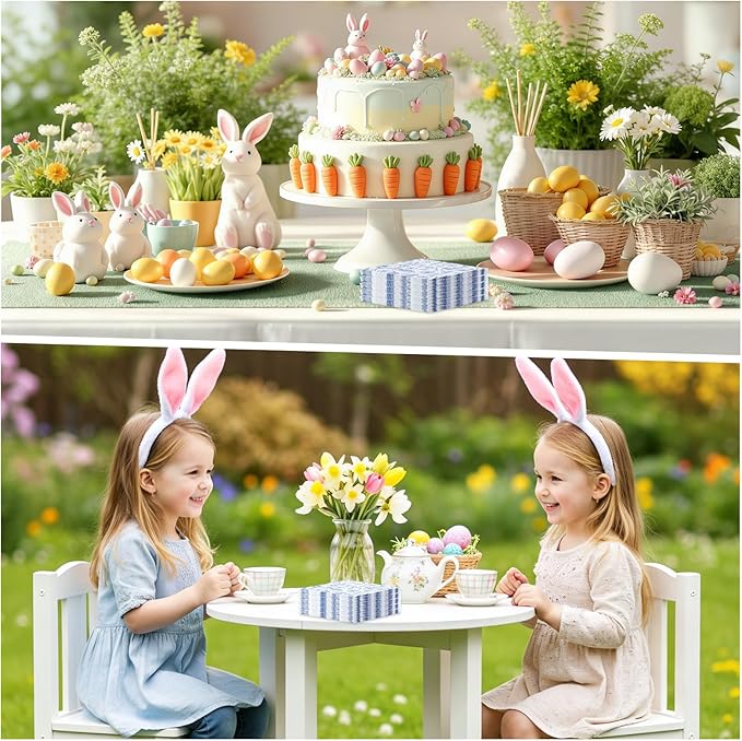100 Pcs Easter Napkins, Retro Bunny Napkins Blue and White Rabbit Decoupage Napkin Chinoiserie Easter Dessert Beverage Napkin for Spring, Birthday, Baby Shower