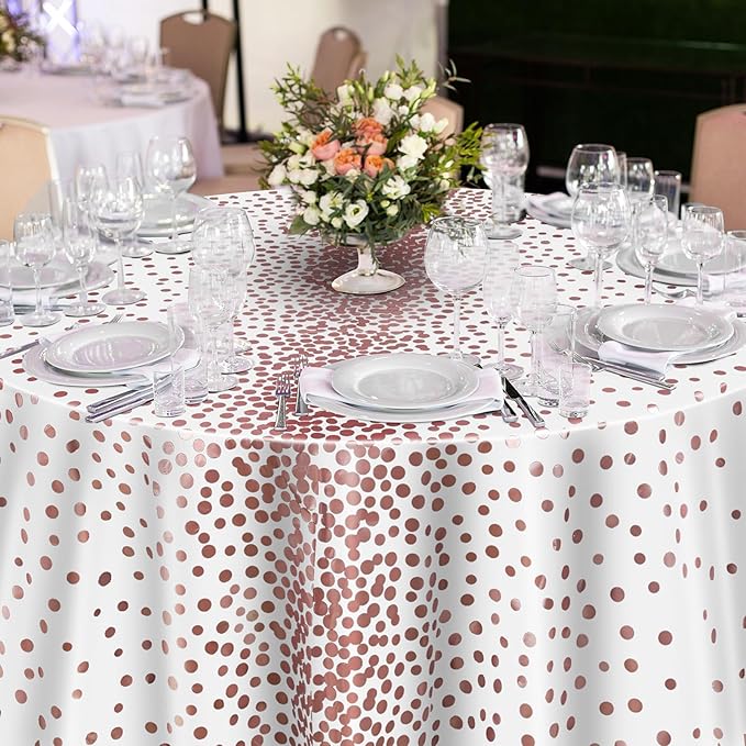 VitalCozy Round Dot Tablecloth 84 Inch Plastic Table Cover Polka Dot Confetti Tablecloths for Easter 2026 Graduation Prom Wedding Birthday Spring Party Supplies(White and Rose Gold,3 Pcs)