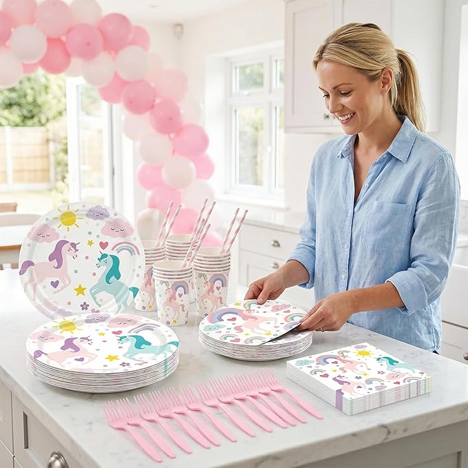 Unicorn Themed Party Decorations Supplies Rainbow Unicorn Themed Party Tableware Set Include Plates, Cups, Napkins,Cutlery and Straw for Baby Shower, Birthday Party Decorations Serves 24
