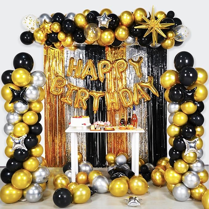 Fineclutter Balloon Column Kit Set 2 Tower Stand, Birthday Party Decoration Gold Black Silver Balloons 150PCS