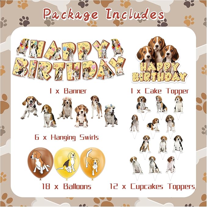 Beagle Theme Party Supplies - Birthday Decorations Including Happy Birthday Banner, Cake Cupcake Toppers, Hanging Swirls, Balloons for Dog Party