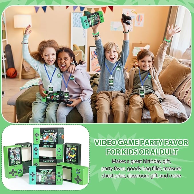 195 Pcs Video Game Party Favors for Kids Gamer Goodie Bag Stuffers Gaming Birthday Party Supplies with Gift Boxes, VIP Pass, Balloons, Bracelets, Keychains, Badges, 3D Stickers (Green)