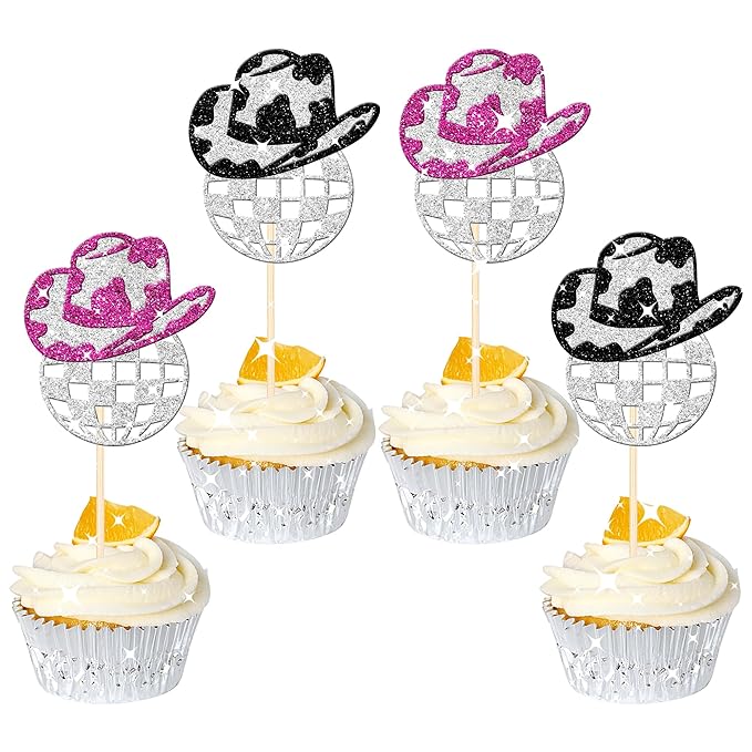 24 PCS Glitter Western Cowboy & Cowgirl Hat Cupcake Toppers - Disco Ball Picks for 70s Disco Music Theme Party Supplies