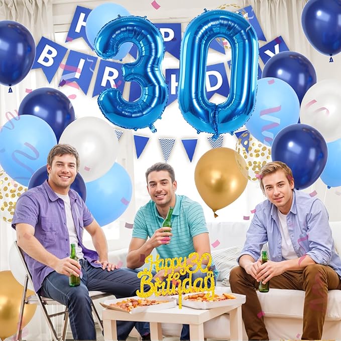 30th Birthday Decorations, Dark Happy Birthday Party Decorations With Number 30 Balloons Metallic Gold Pearl White Light Blue Fringe Curtain Banner Cake Topper For Man Woman Party Supplies