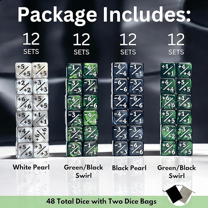 Luck Lab MTG Magic Life Counter Dice - 48 PCS Compatible w/Magic Card Game Accessories, CCG Creature Stats w/ 2 Dice Bags (Green Swirl, White Pearl, Black Pearl)