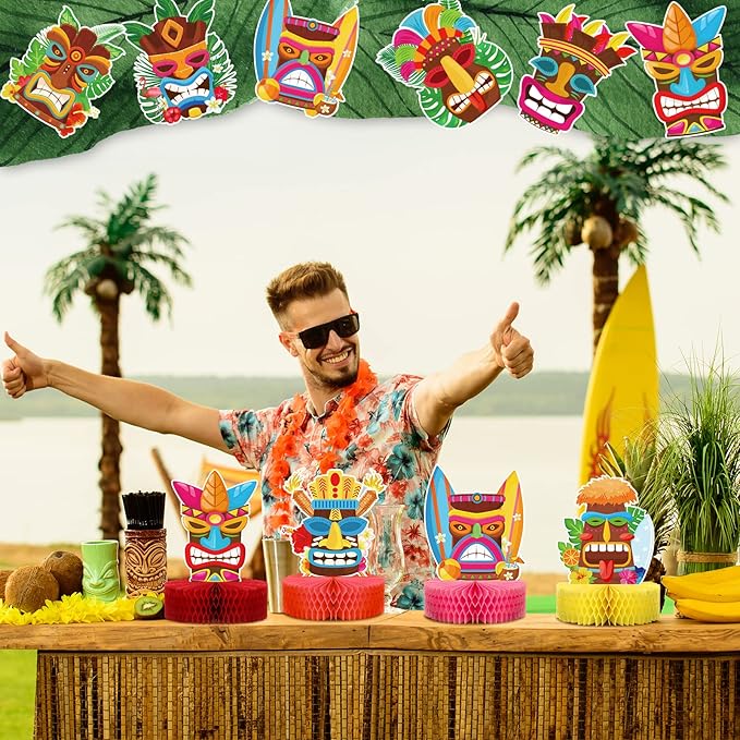 Geyee 9 Pcs Hawaiian Luau Honeycomb Centerpiece Tiki Tropical Table Toppers Party Decorations Luau Double Side Table Paper Toppers Signs for Hawaii Birthday Beach Pool Party Supplies