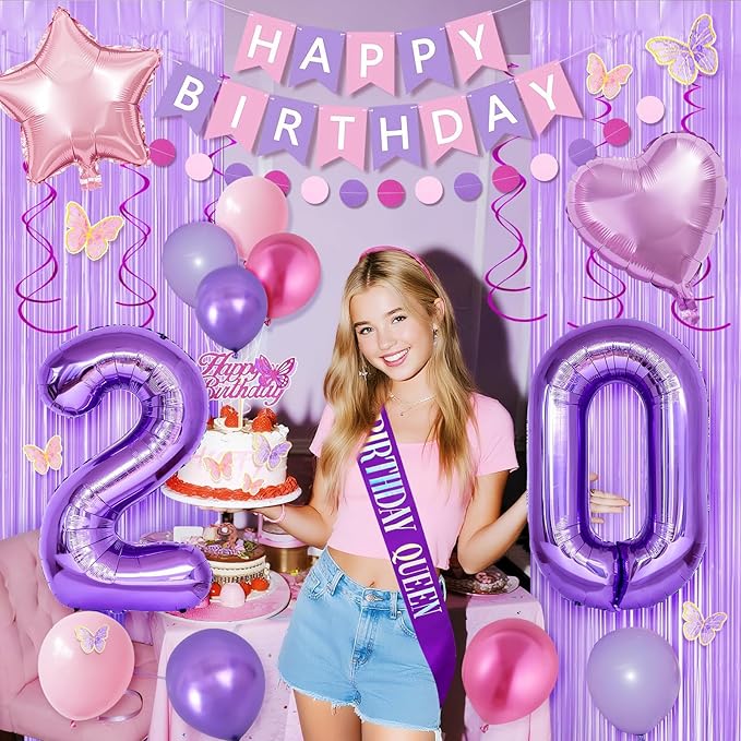 20th Purple Birthday Decorations for Women, Pink and Purple Happy 20 Birthday Party Decorations with Happy Birthday Banner, Number Foil Balloons, Butterfly Cake Topper for 20th Party Supplies