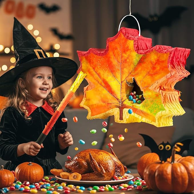 WERNNSAI Fall Leaf Piñata - Maple Leaf Piñata Thanksgiving Party Games for Kids Orange Autumn Hanging Leaves Decor Fall Festival Thanksgiving Family Party Favors with Blindfold