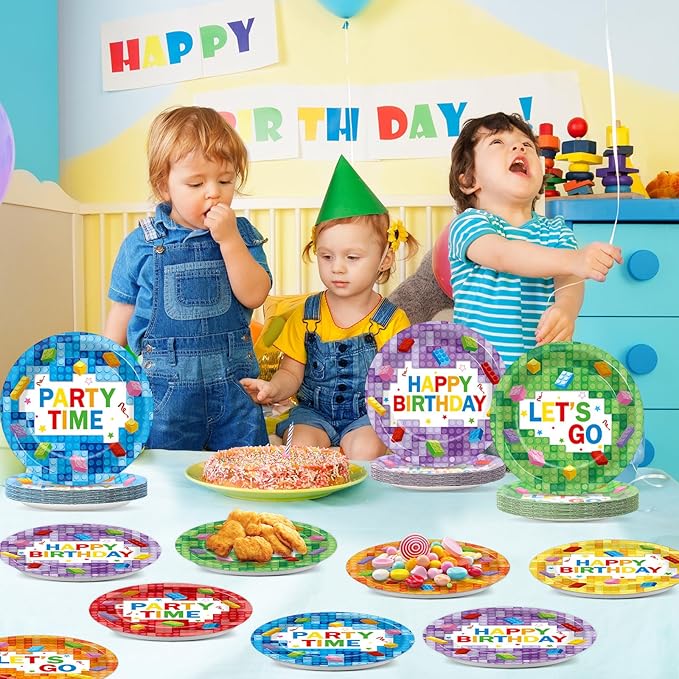 60Pcs Building Block Birthday Party Plates Building Bricks Disposable Paper Dessert Plates for Blocks Birthday Decorations Party Tableware Set for Boys Kids Baby Shower Supplies