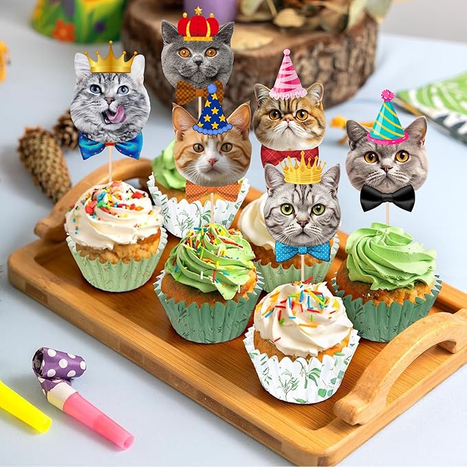 Pet Cat Cupcake Toppers, 24 PCS Pet Cats Themed Birthday Party Supplies for Meow Kitty Cat Birthday Party Baby Shower Party Decorations