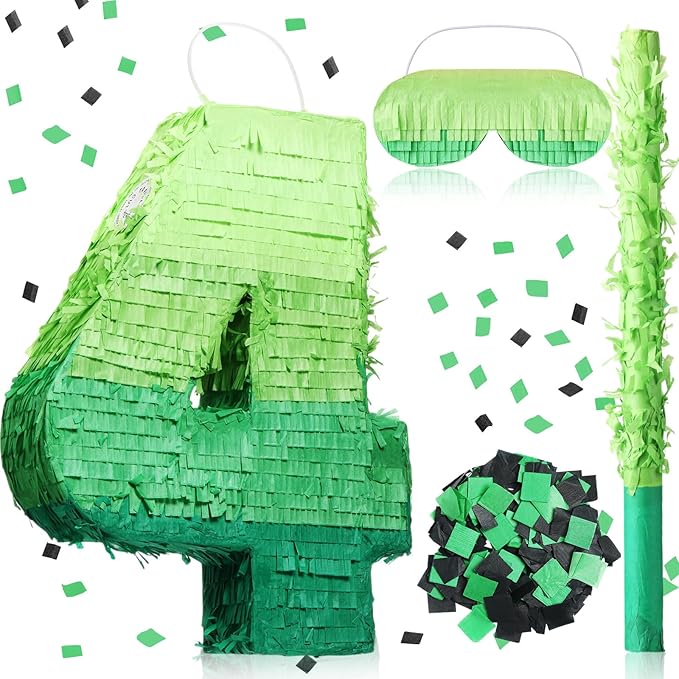 Number Piñata Decorations 16 Inch Gradient Green Piñata with Blindfold Stick and Confetti for Birthday Baby Shower Safari Jungle Themed Party Supplies Centerpiece