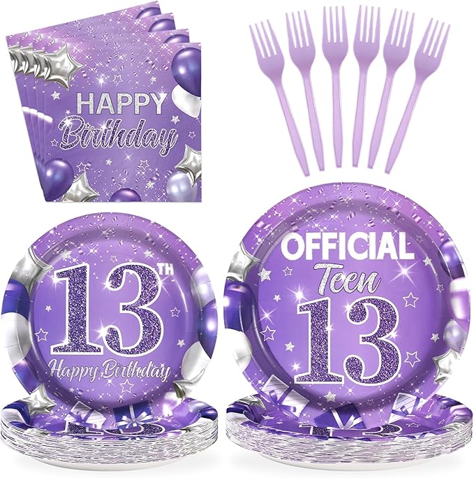 96Pcs 13th Birthday Decorations for Girls Purple Silver Official Teen 13th Plates and Napkins Sets Lavender Glitter 13 Year Old Party Decorations for Kids Official Teenager Birthday Favors Serve 24