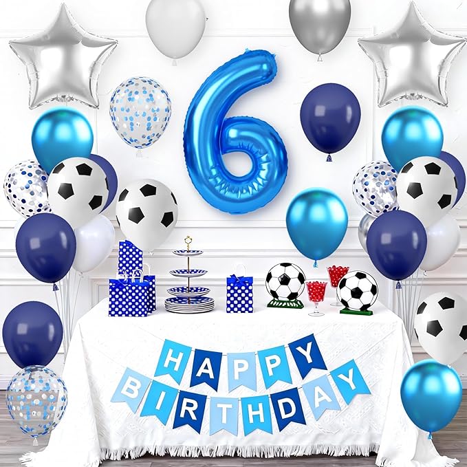6th Soccer Birthday Party Decorations for Boys, Soccer Party Decorations Blue White Silver Balloons with 'HAPPY BIRTHDAY' Banner 32in Foil 6 Balloon for Boy Kids Men Birthday Baby Shower Decor