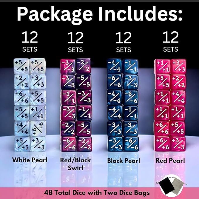 Luck Lab MTG Magic Life Counter Dice, 48 PCS - Compatible w/Magic Card Game Accessories, CCG Creature Stats w/ 2 Dice Bags (Red Pearl, Red Swirl, White Pearl, Black Pearl), 16 mm