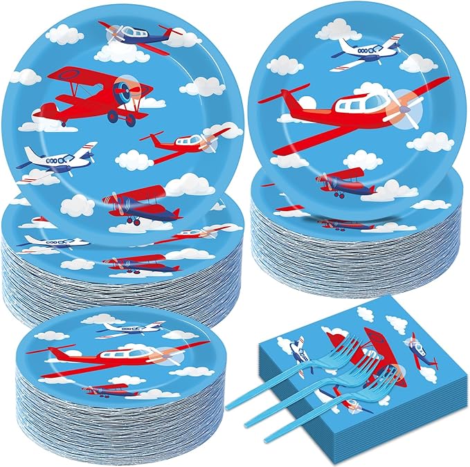 Qyeahkj 50 Guests Airplane Party Plates and Napkins Tableware Set Plane Birthday Party Supplies Blue Helicopter Dinnerware Favors Decorations for Baby Shower Boys Kids