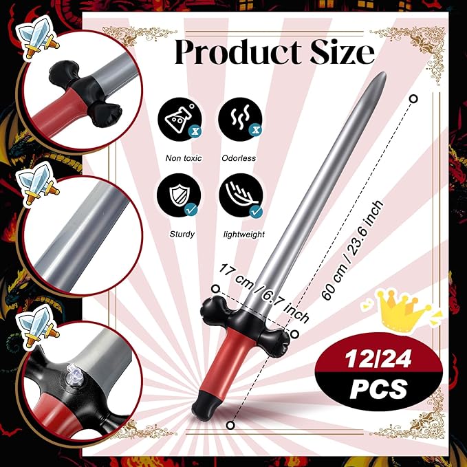 Outus 24 Pcs Inflatable Swords Blow up Swords Prince Party Favors for Theme Birthday Swimming Pool Viking Party Decorations Cosplay Halloween Costume Accessories Stage Props, 24 Inch (Red)