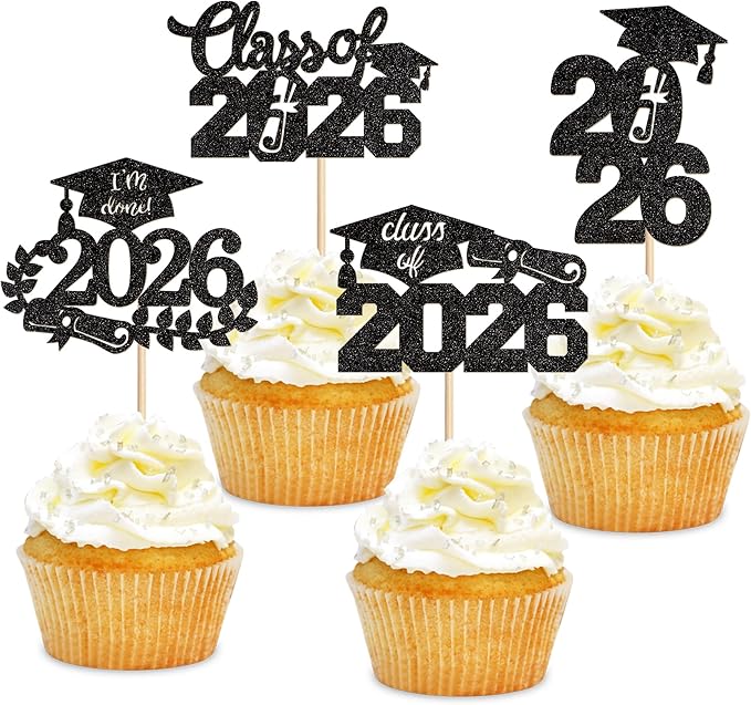 Graduation Cupcake Toppers 2026 Food/Appetizer Picks For Graduation Party Mini Cake Decorations 2026 Cupcake Toppers 24 Pcs (black)