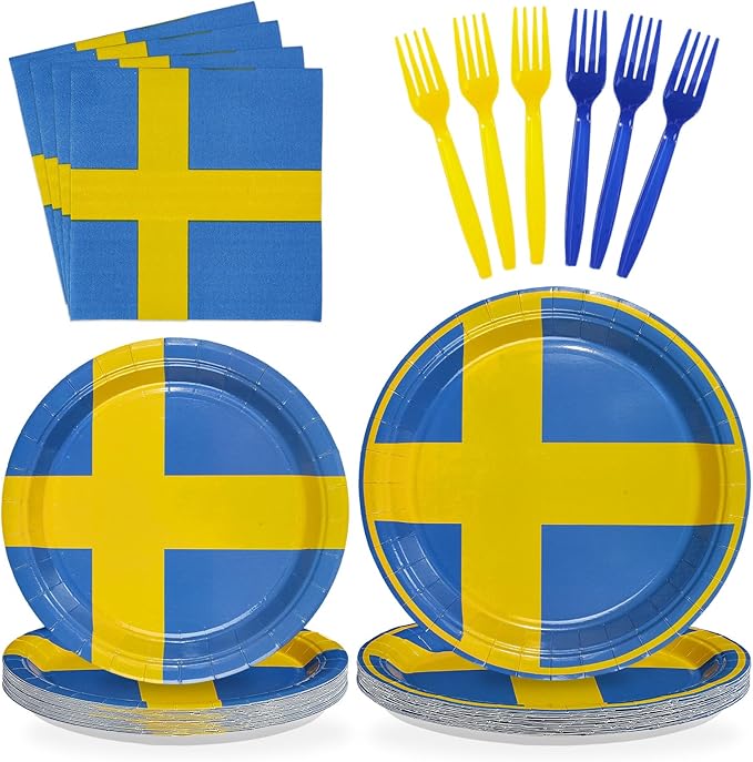 96 Pcs Sweden Flag Themed Party Decorations Disposable Swedish Paper Plates and Napkins Sweden Themed Tableware Set for Country Decoration School Sports Events Party Supplies, Serves 24