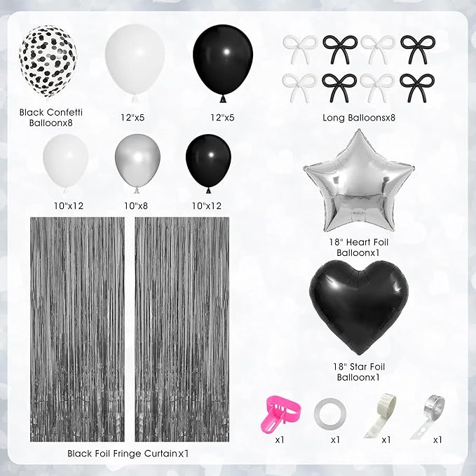 Black Bow Birthday Party Decorations, Coquette Bow Black and White Silver Confetti Long Balloons Happy Birthday Banner Fringe Curtain Tassel Pompoms for Women Girls Theme Baby Shower Party Supplies