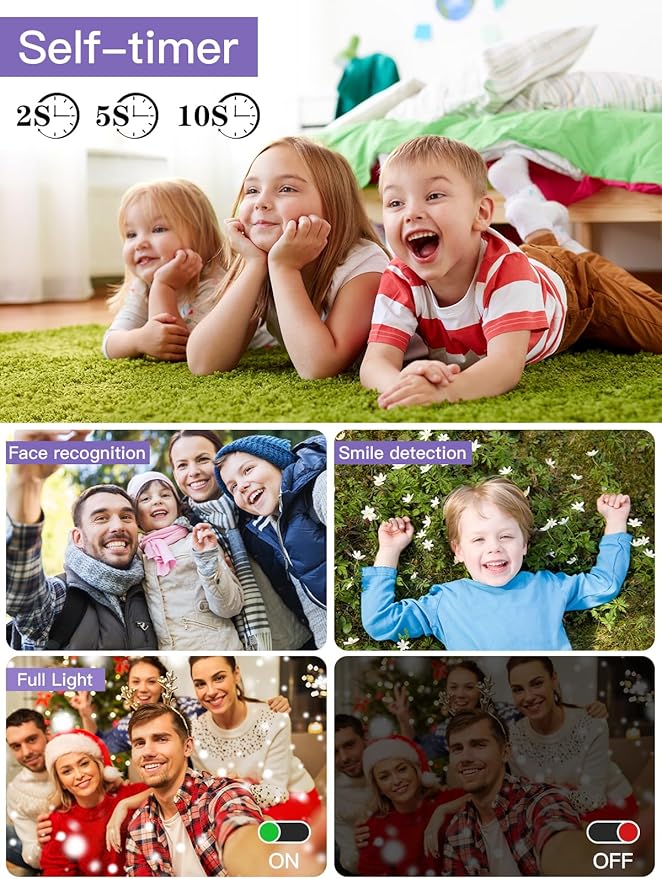 Upgrade Kids Camera, 56MP FHD 1080P with 16x Zoom, Anti Shake, 32GB TF Card, Two Batteries, Lanyard - Compact Small Camera for Kids Boys Girls (Purple)