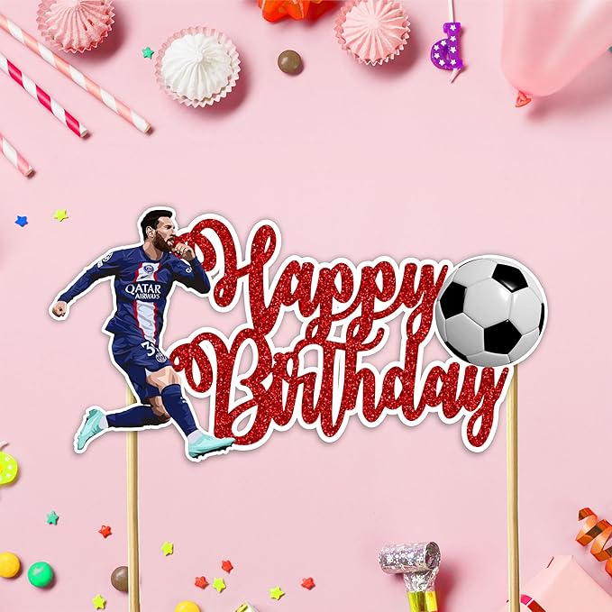 Soccer Football Happy Birthday Cake Topper – Sports Theme Goal Party Cake Decoration, Green Field & Ball Design Birthday Cake Pick for Celebration Supplies