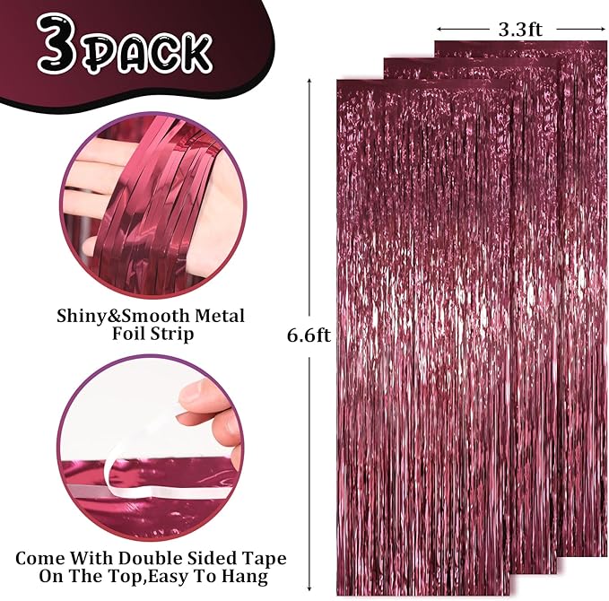 3.3 x 6.6 ft Foil Fringe Backdrop Curtains, Tinsel Streamers Party Decorations, Fringe Backdrop for Birthday, Baby Shower, Gender Reveal, Graduation (3, Burgundy)