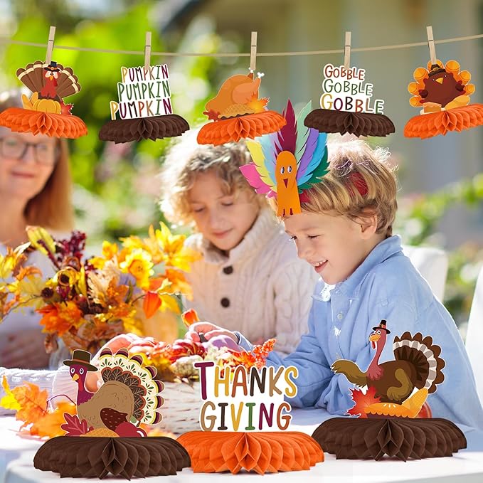 Horaldaily 9PCS Thanksgiving Party Table Decoration Centerpieces, Thanksgiving Autumn Harvest Gobble Turkey Honeycomb Centerpieces Table Toppers for Fall Thanksgiving Themed Birthday Party