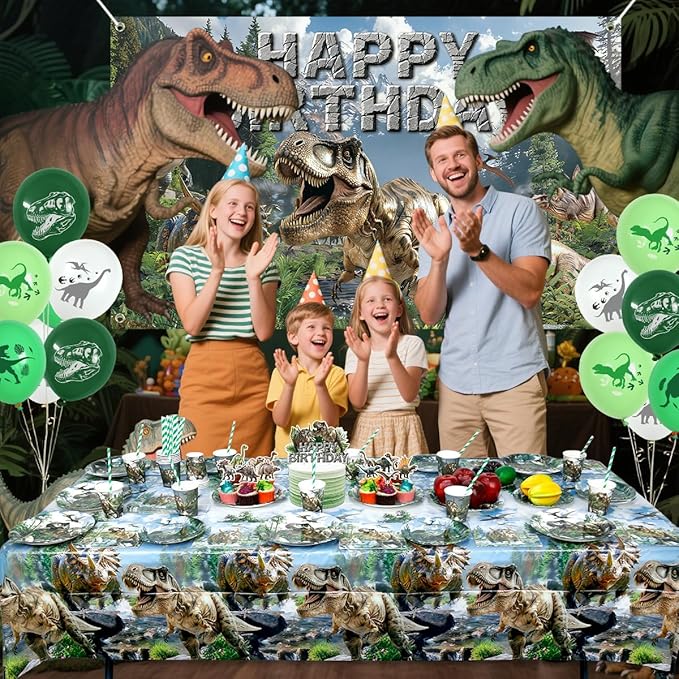 Dinosaur Birthday Party Supplies Kit for Boys, Dino Birthday Decorations-20 Guest-Include Plates, Napkins, Cups, Tablecloth, Backdrop, Balloons, Cake Topper, Tableware