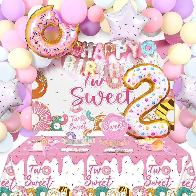 ZOiiWA 143Pcs Two Sweet Birthday Party Decorations Girls Donut tableware Set Sweet Donut 2nd Party Plates Napkins Backdrop Tablecloth Banner Balloons for Baby Girls 2 Years Old Birthday Party Supplies