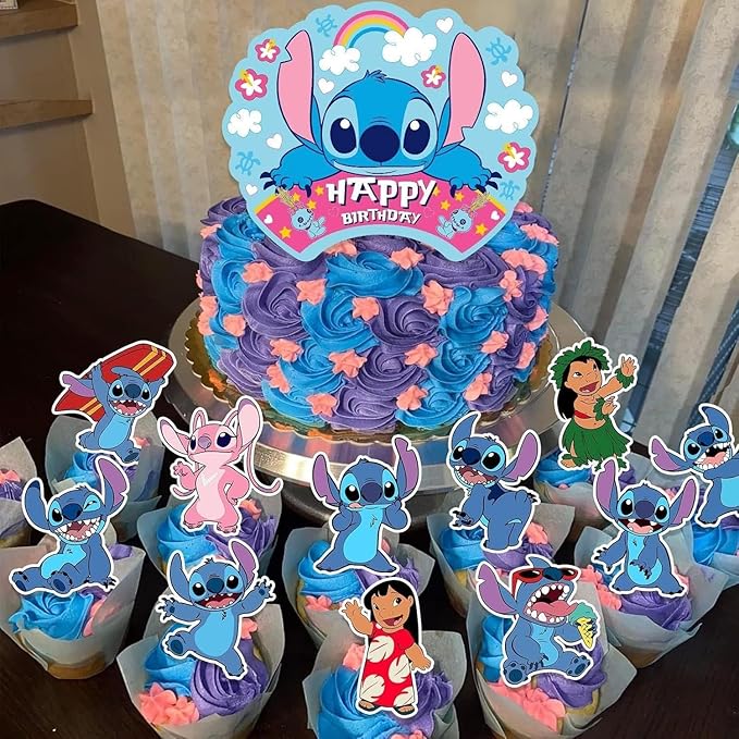 Stitch Party Supplies, 102 PCS Birthday Decorations Set Include Banner, Balloons, Stickers, Hanging Swirls, Cake Cupcake Toppers, Tablecloth for Boys Girls Stitch Theme Party