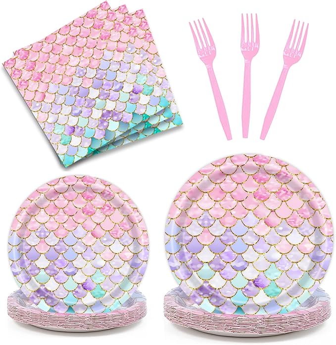 Dixutzi 96 Pcs Mermaid Birthday Party Decorations, Mermaid Party Supplies Including Paper Plate, Napkin and Fork, Ocean Theme Decor Tableware Set for Birthday, Serves 24