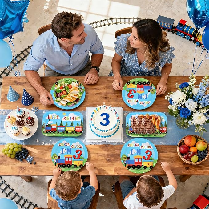 96 Pcs Train 3rd Birthday Party Decorations Chugga Chugga I'm 3 Plates and Napkins Disposable Railroad Transportation Tableware Set for Kids Train Theme 3 Years Old Birthday Party Supplies Serves 24