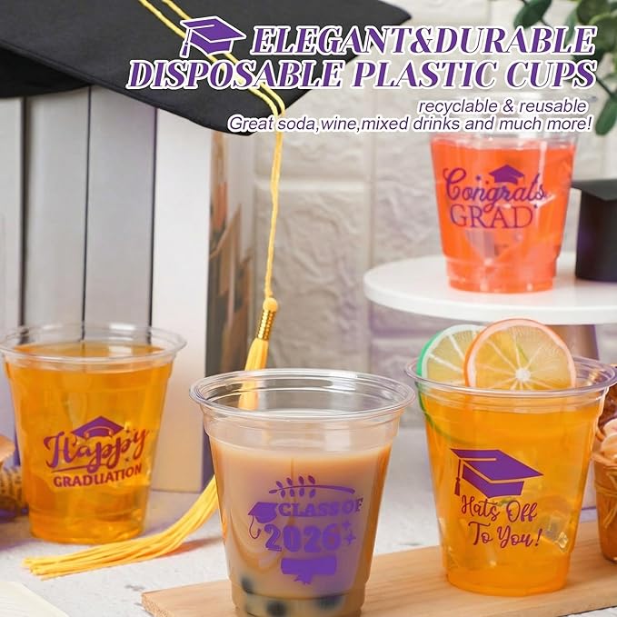 Eaasty 100 Pcs 12oz Graduation Cups 2026 Disposable Plastic Cups for Class of 2026 Graduation Party Congrats Grad Elegant Party Supplies Tableware Decorations (Purple)