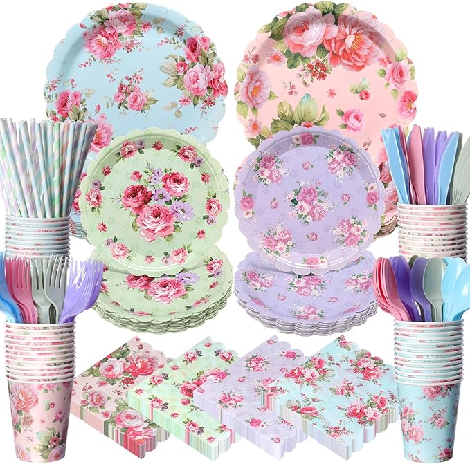 450 Pcs Vintage Floral Tableware Set Tea Party Decorations Floral Paper Plates Disposable Napkins Cups Cutlery Straws for Tea Party Birthday Baby Bridal Shower Wedding Supplies, Serves 50