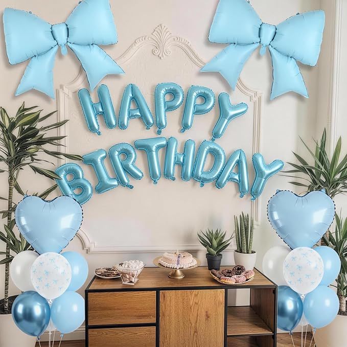Blue Bow Birthday Decorations Pastel Baby Light Blue Metallic White Bows Print Party Balloon Happy Birthday Banner 38 In Coquette Foil Balloons Heart Balloon for Men Boys Bday Party Supplies