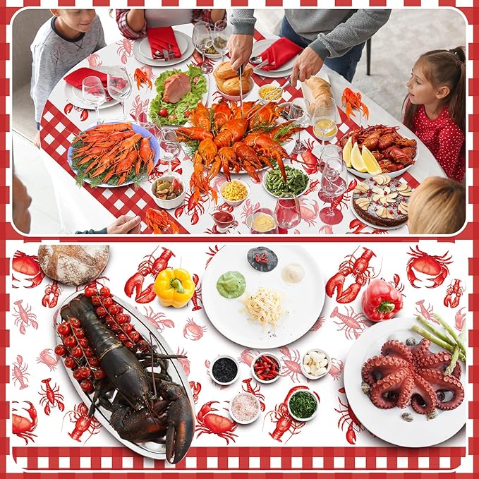 4 Pcs Crawfish Tablecloth Disposable Birthday Party Lobster Table Covers 108 x 54 Inches White and Red Plastic Lobster Table Cloth for Crawfish Boil Party Supplies
