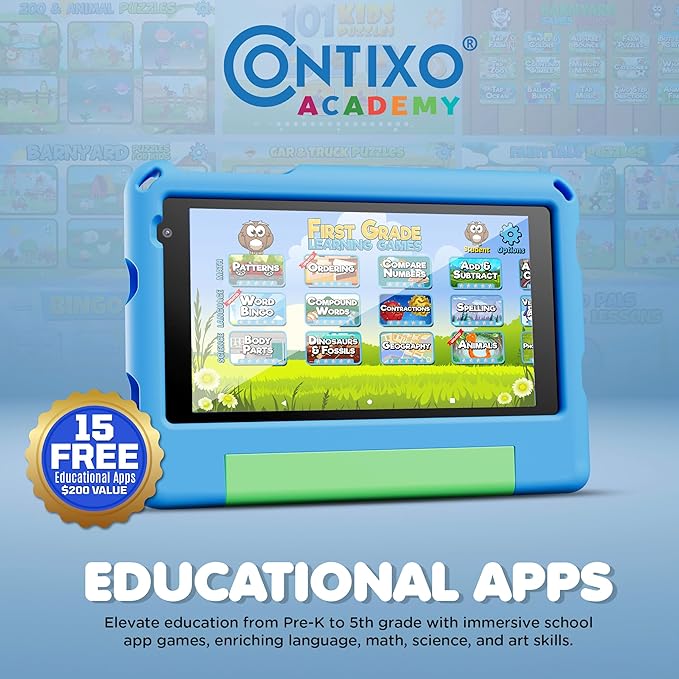 Contixo A7 Kids Tablet with 14 Apps, Lingokids & Epic, 7" HD Screen, Android 15, Parental Controls, WiFi, 3+32GB Storage, al Tablet for Kids Ages 3-12, Boys & Girls Gift, Blue