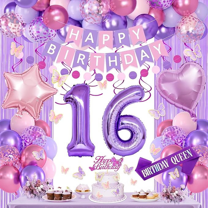 16th Purple Birthday Decorations for Girls, Pink and Purple Happy 16 Birthday Party Decorations with Happy Birthday Banner, Number Foil Balloons, Butterfly Cake Topper for 16th Party Supplies